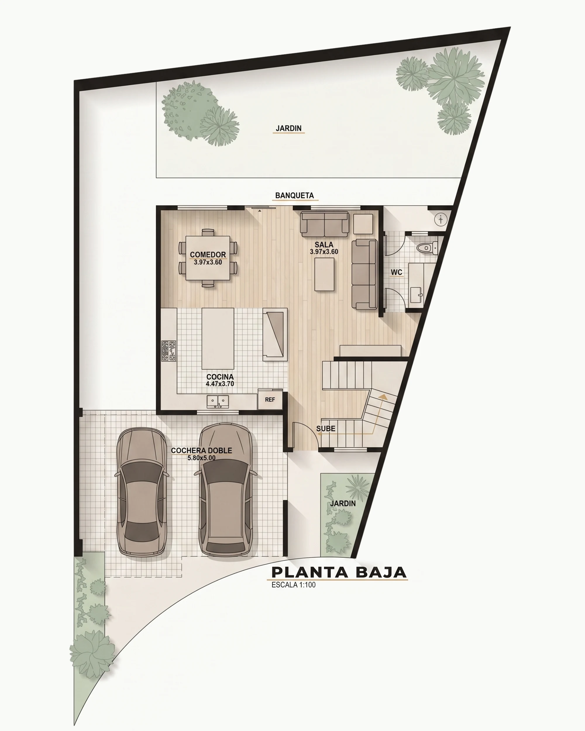 Plano de la planta baja de la casa en venta en Residencial del Valle, Ciudad Juárez, escala 1:100